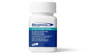 Pojemnik z tabletkami Deramaxx 25 mg dla psów, zawierający lek przeciwzapalny.