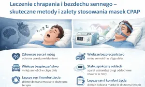 Ilustracja pokazuje leczenie bezdechu sennego za pomocą maski CPAP. Po lewej mężczyzna śpi z otwartymi ustami, po prawej śpi z maską CPAP.