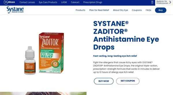 Krople do oczu Systane Zaditor z ketotifenem, skuteczne na **starazolin alergia** i swędzenie oczu, działają do 12 godzin.