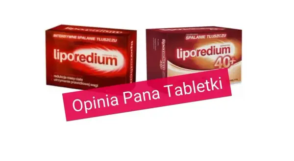 Dwa opakowania suplementu diety Liporedium, który jest lekiem na odchudzanie. Na pierwszym planie różowy pasek z napisem "Opinia Pana Tabletki".
