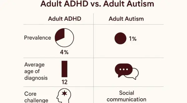Porównanie ADHD i autyzmu u dorosłych: autyzm u dorosłych występuje u 1%, głównym wyzwaniem jest komunikacja społeczna.
