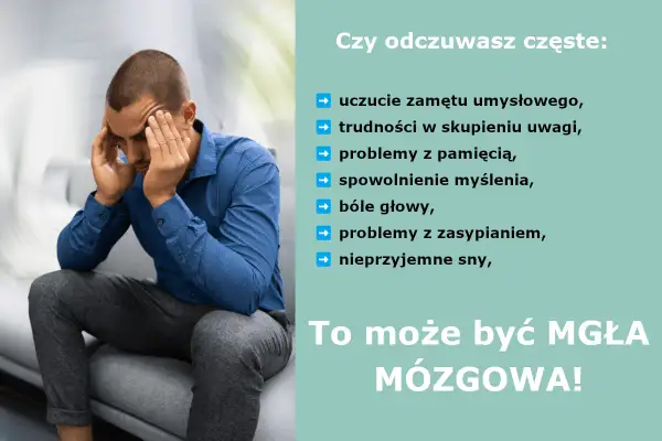 Mężczyzna z rękami na skroniach, cierpiący na mgłę mózgową, doświadcza zamętu, problemów z pamięcią i koncentracją.