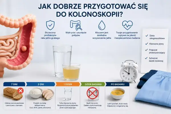 Model jelita grubego, wskazówki dotyczące przygotowania do kolonoskopii, w tym dieta, klarowne płyny i preparat przeczyszczający. Plan obejmuje 7 dni, 3 dni, 1 dzień przed badaniem, dzień badania i po badaniu.