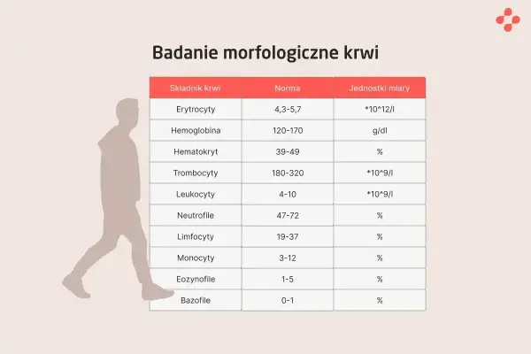 Tabela z badaniem morfologicznym krwi. Widać normy dla erytrocytów, hemoglobiny, hematokrytu, trombocytów, leukocytów i innych. pdw podwyższone może być sygnałem do dalszej diagnostyki.