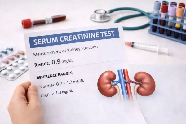 Wynik badania kreatyniny, który mówi co to jest i jak działa na nerki. Wynik 0.9 mg/dL jest w normie.