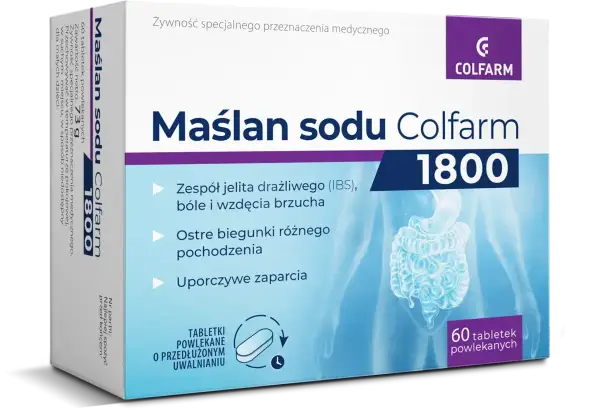 Maślan sodu Colfarm 1800 - tabletki powlekane o przedłużonym uwalnianiu na zespół jelita drażliwego, biegunki i zaparcia.