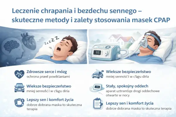 Ilustracja pokazuje leczenie bezdechu sennego za pomocą maski CPAP. Po lewej mężczyzna śpi z otwartymi ustami, po prawej śpi z maską CPAP.