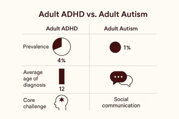 Porównanie ADHD i autyzmu u dorosłych: autyzm u dorosłych występuje u 1%, głównym wyzwaniem jest komunikacja społeczna.